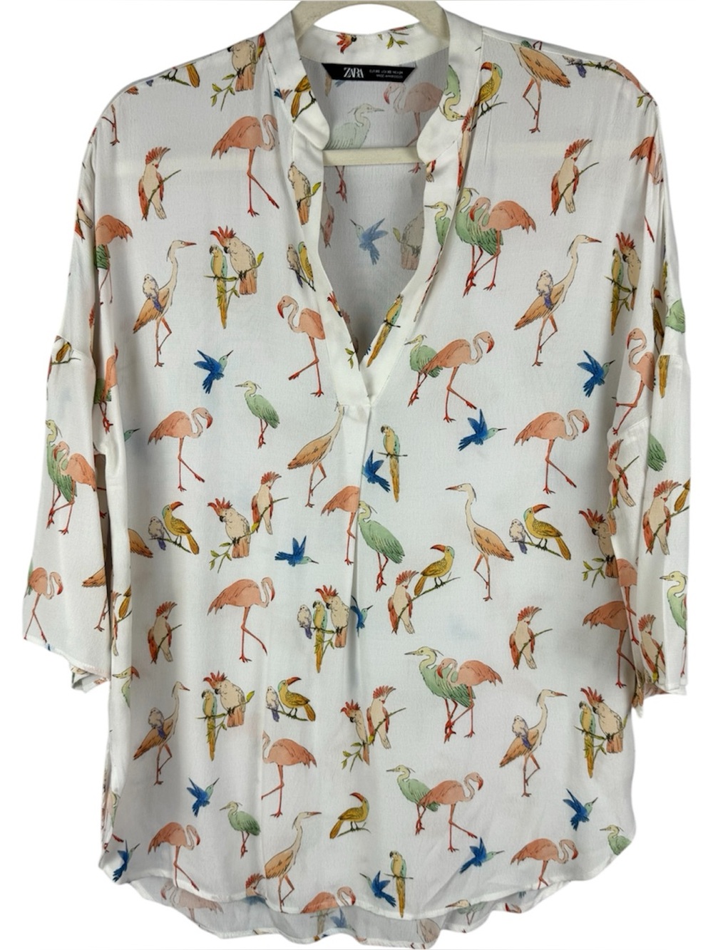 Zara Tropical Bird Print Viscose Tunic Blouse XS Flamingos Parrots V-Neck